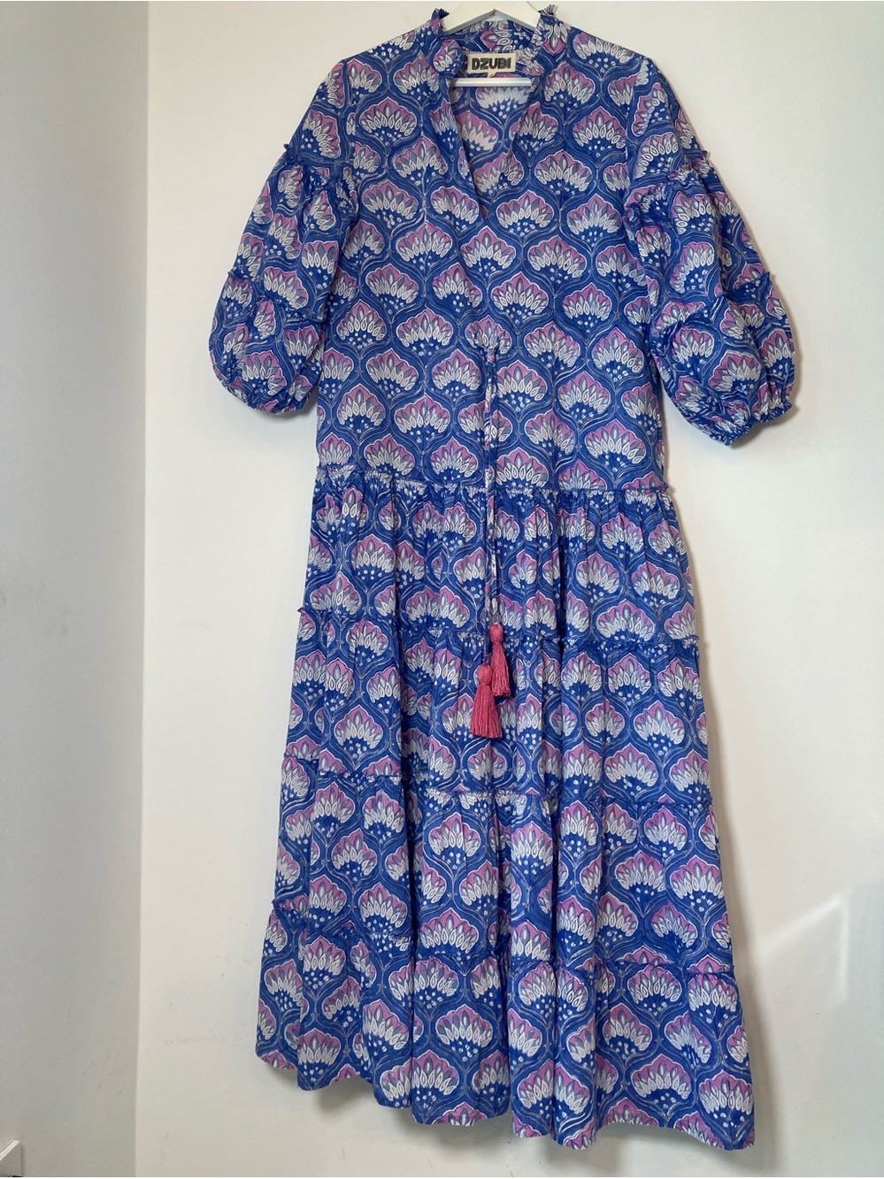 DZUBI Boho Block Print Cotton Tiered Maxi Dress Blue Pink Tassel Size S